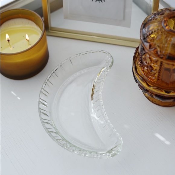 Vintage Clear Glass Crescent Jewelry Dish